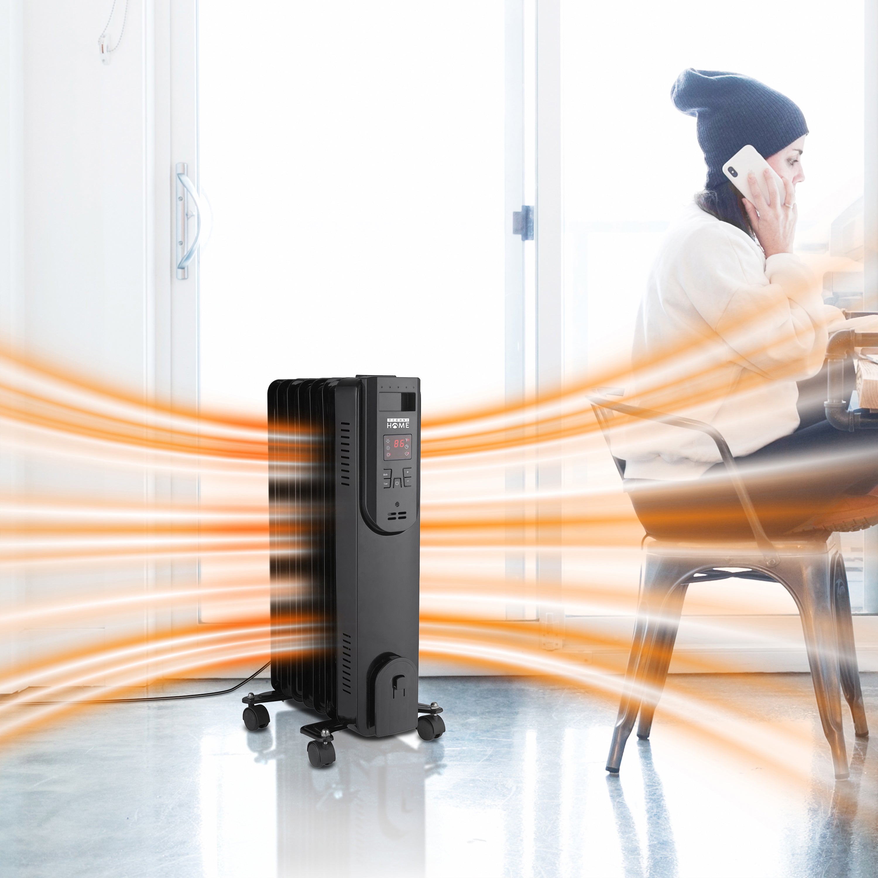 Oil Space Heater with Remote Control, Portable Radiator Heater with 7 Oil-Filled Fins Indoor Uses, 3 Heat Settings, Thermostat, Tip-Over Protection