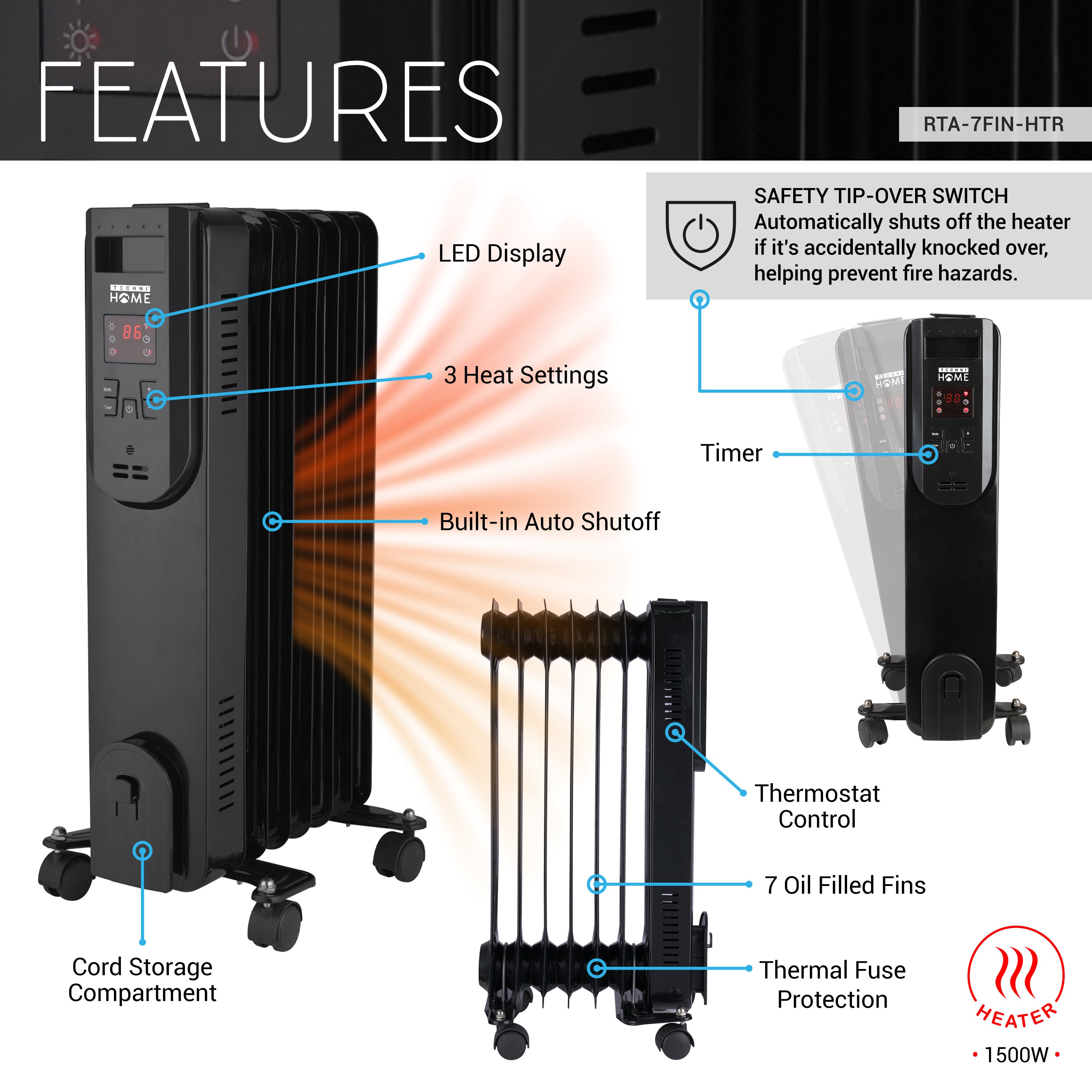 Oil Space Heater with Remote Control, Portable Radiator Heater with 7 Oil-Filled Fins Indoor Uses, 3 Heat Settings, Thermostat, Tip-Over Protection