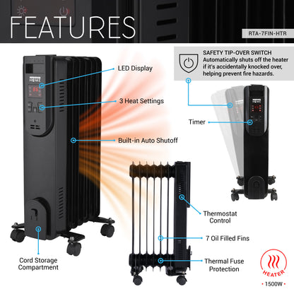 Oil Space Heater with Remote Control, Portable Radiator Heater with 7 Oil-Filled Fins Indoor Uses, 3 Heat Settings, Thermostat, Tip-Over Protection