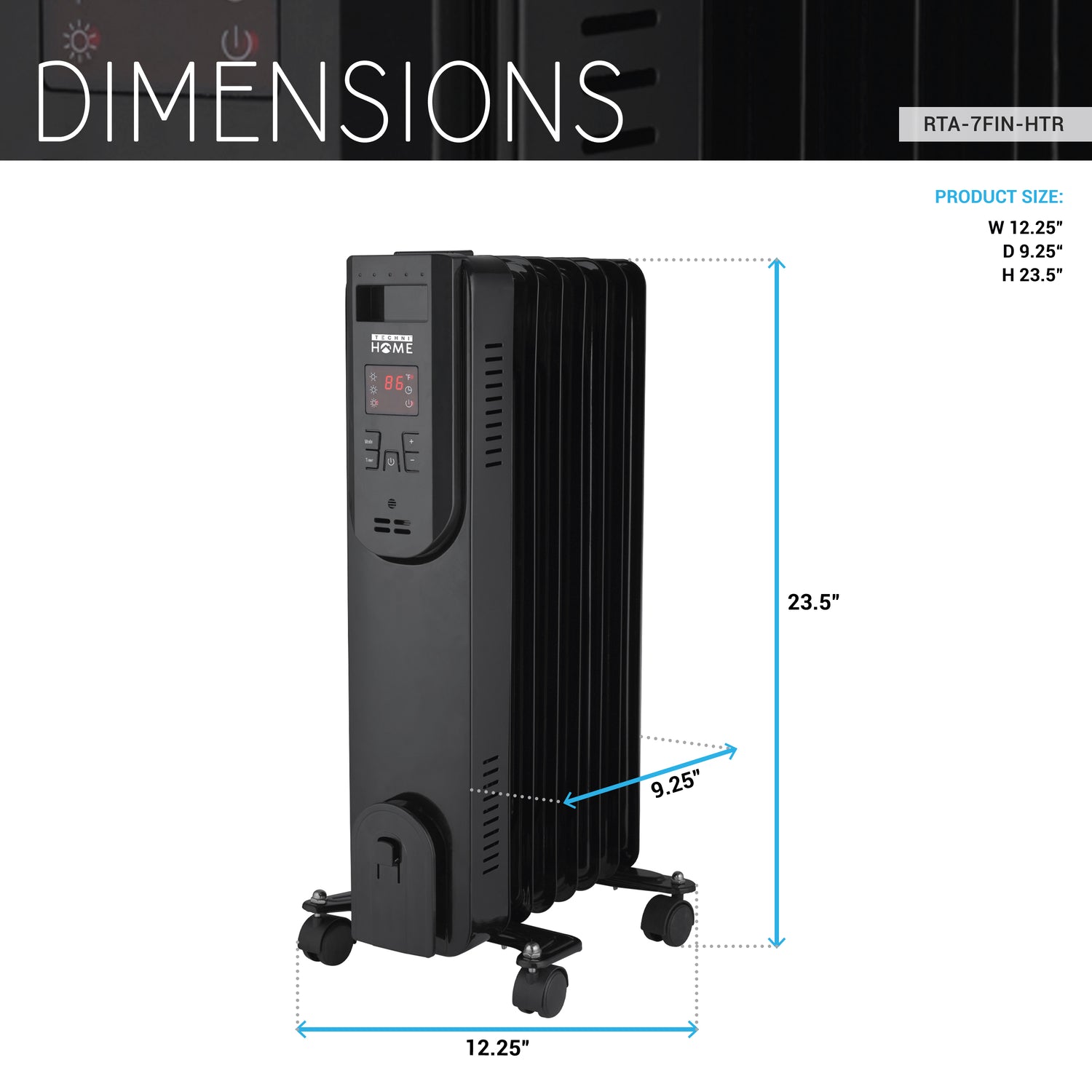Oil Space Heater with Remote Control, Portable Radiator Heater with 7 Oil-Filled Fins Indoor Uses, 3 Heat Settings, Thermostat, Tip-Over Protection