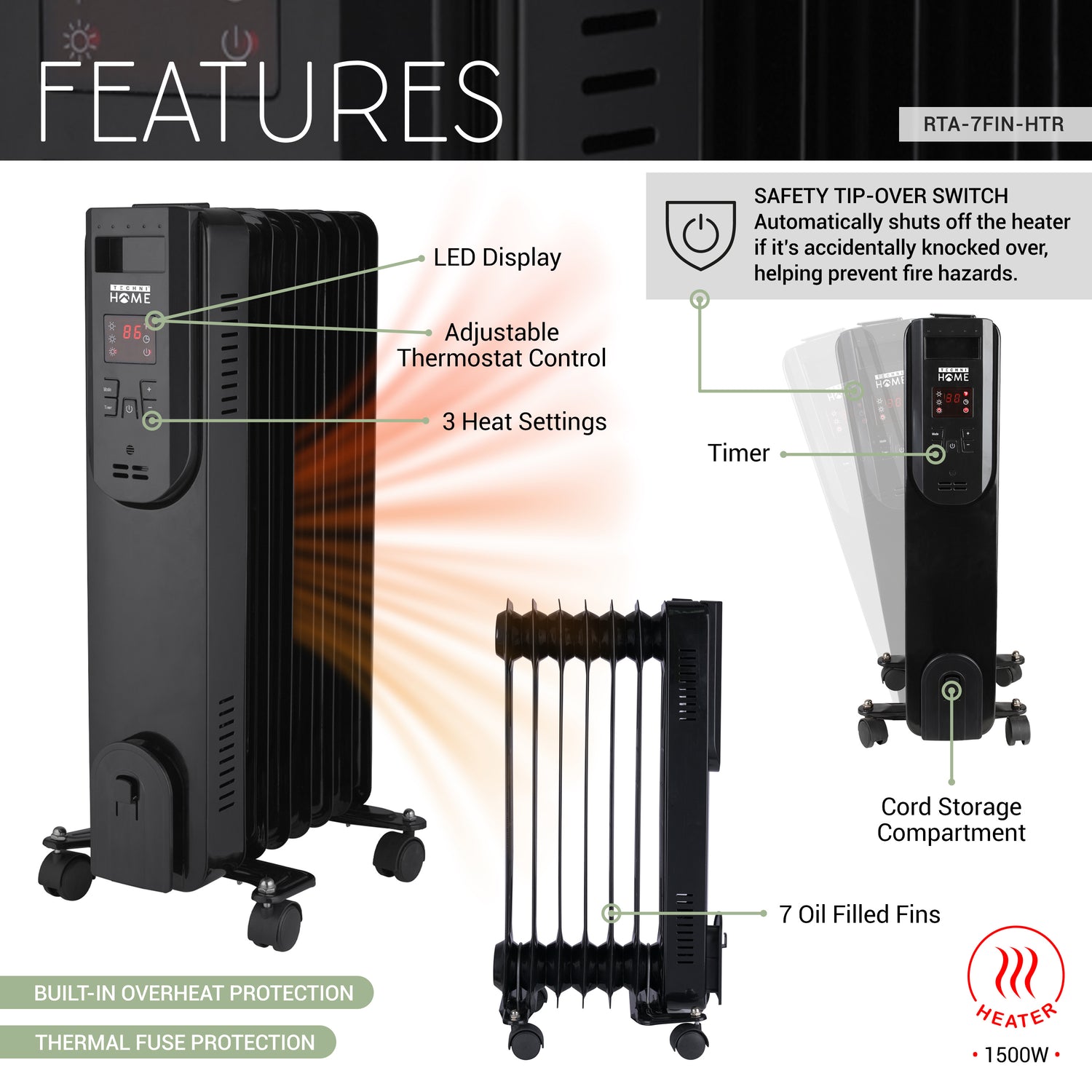 Oil Space Heater with Remote Control, Portable Radiator Heater with 7 Oil-Filled Fins Indoor Uses, 3 Heat Settings, Thermostat, Tip-Over Protection