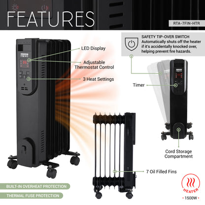 Oil Space Heater with Remote Control, Portable Radiator Heater with 7 Oil-Filled Fins Indoor Uses, 3 Heat Settings, Thermostat, Tip-Over Protection