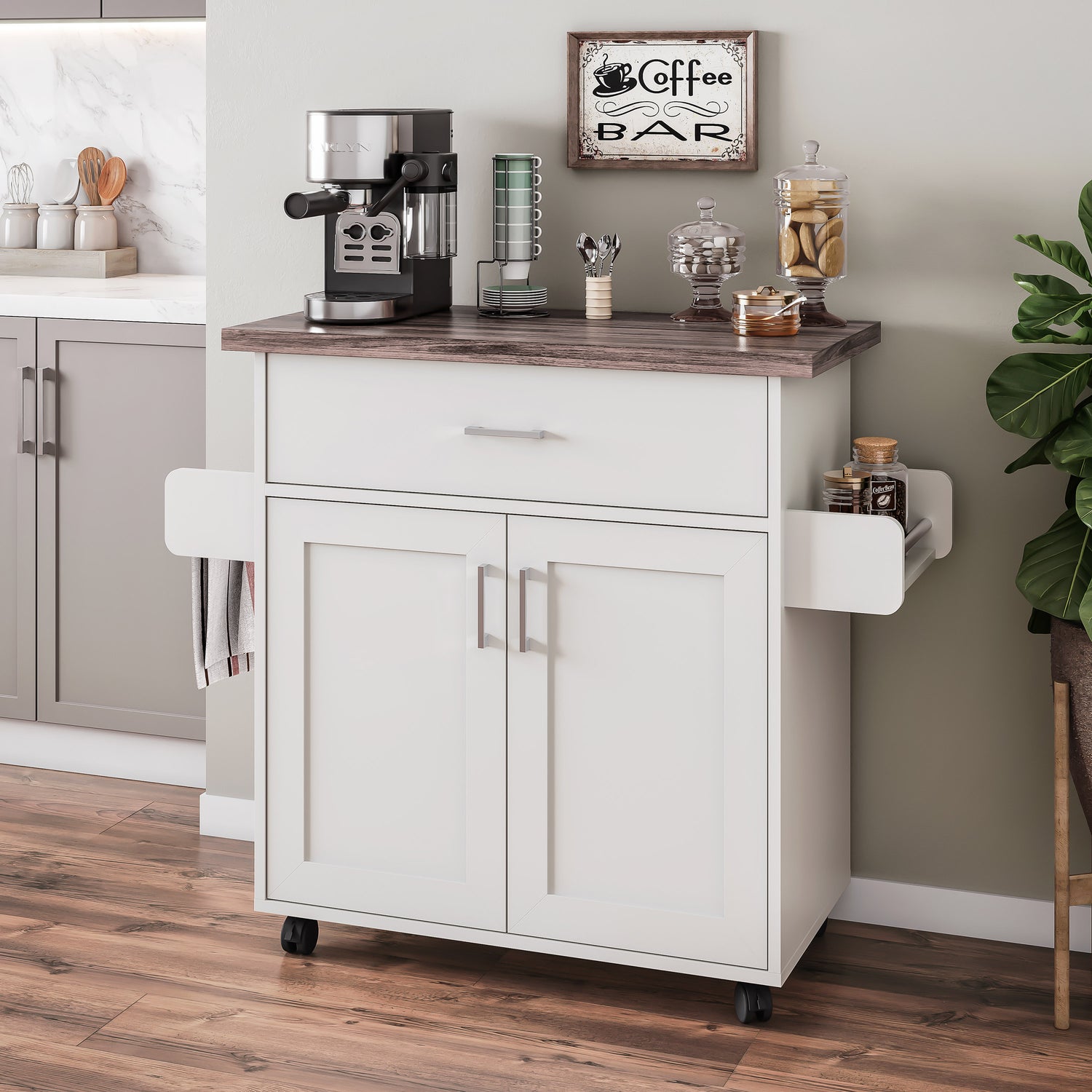 Deluxe Mobile Kitchen Island Cart with Water-Resistant Top, Storage Cabinets with Adjustable Shelves, and Towel &amp; Spice Rack