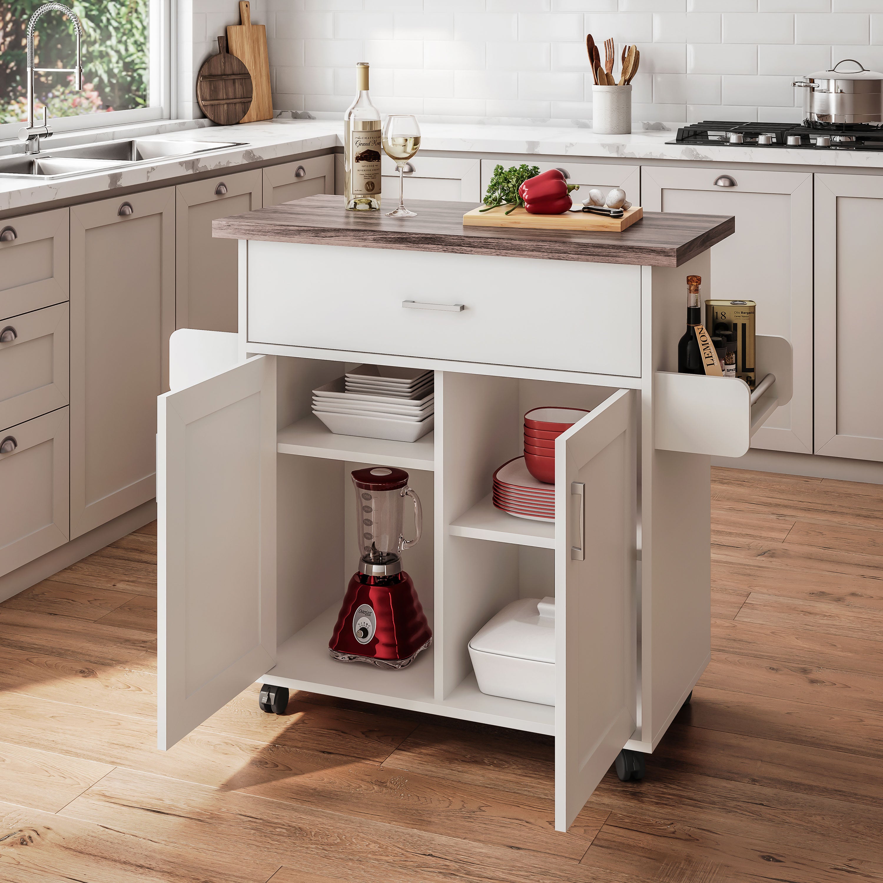 Deluxe Mobile Kitchen Island Cart with Water-Resistant Top, Storage Cabinets with Adjustable Shelves, and Towel &amp; Spice Rack