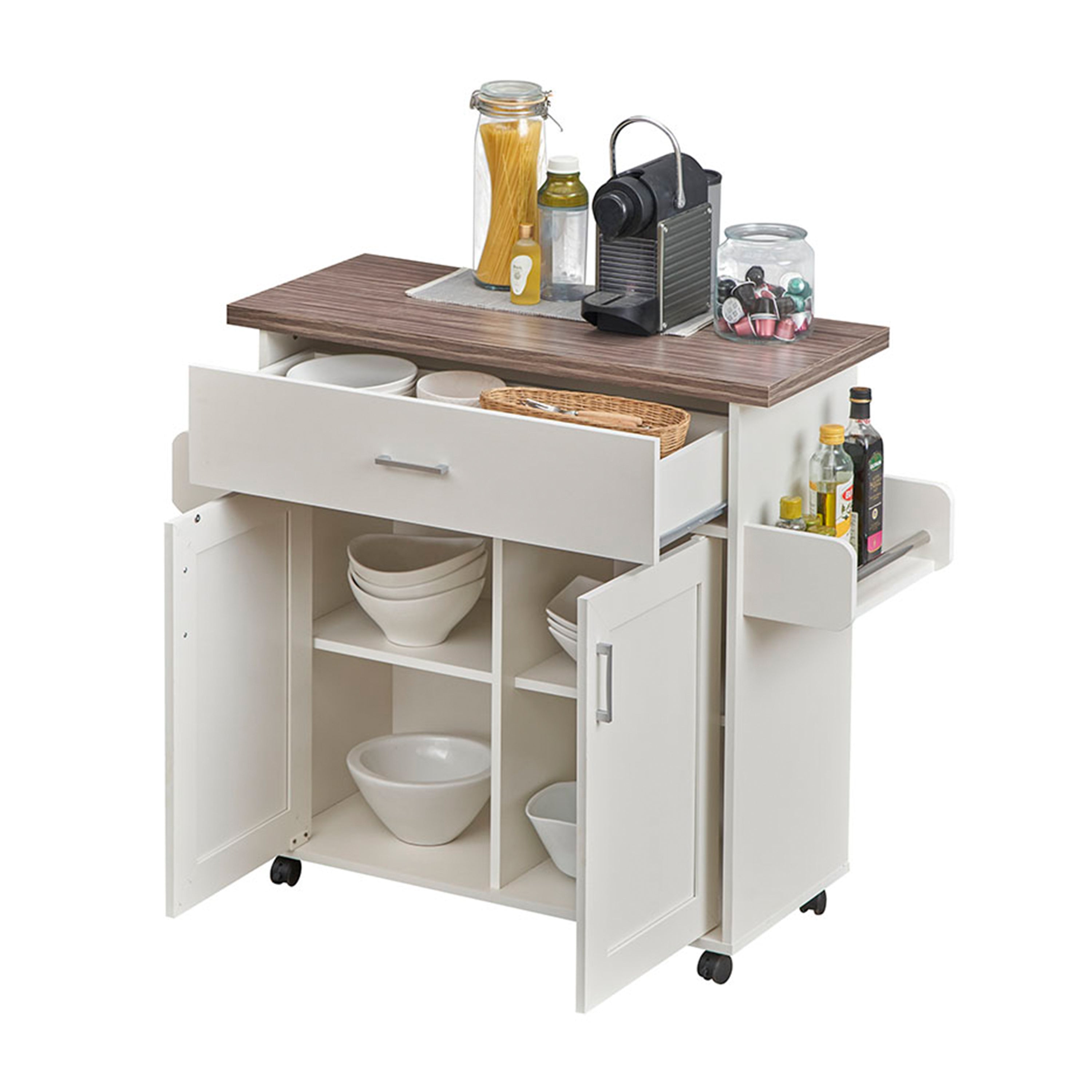 Deluxe Mobile Kitchen Island Cart with Water-Resistant Top, Storage Cabinets with Adjustable Shelves, and Towel &amp; Spice Rack