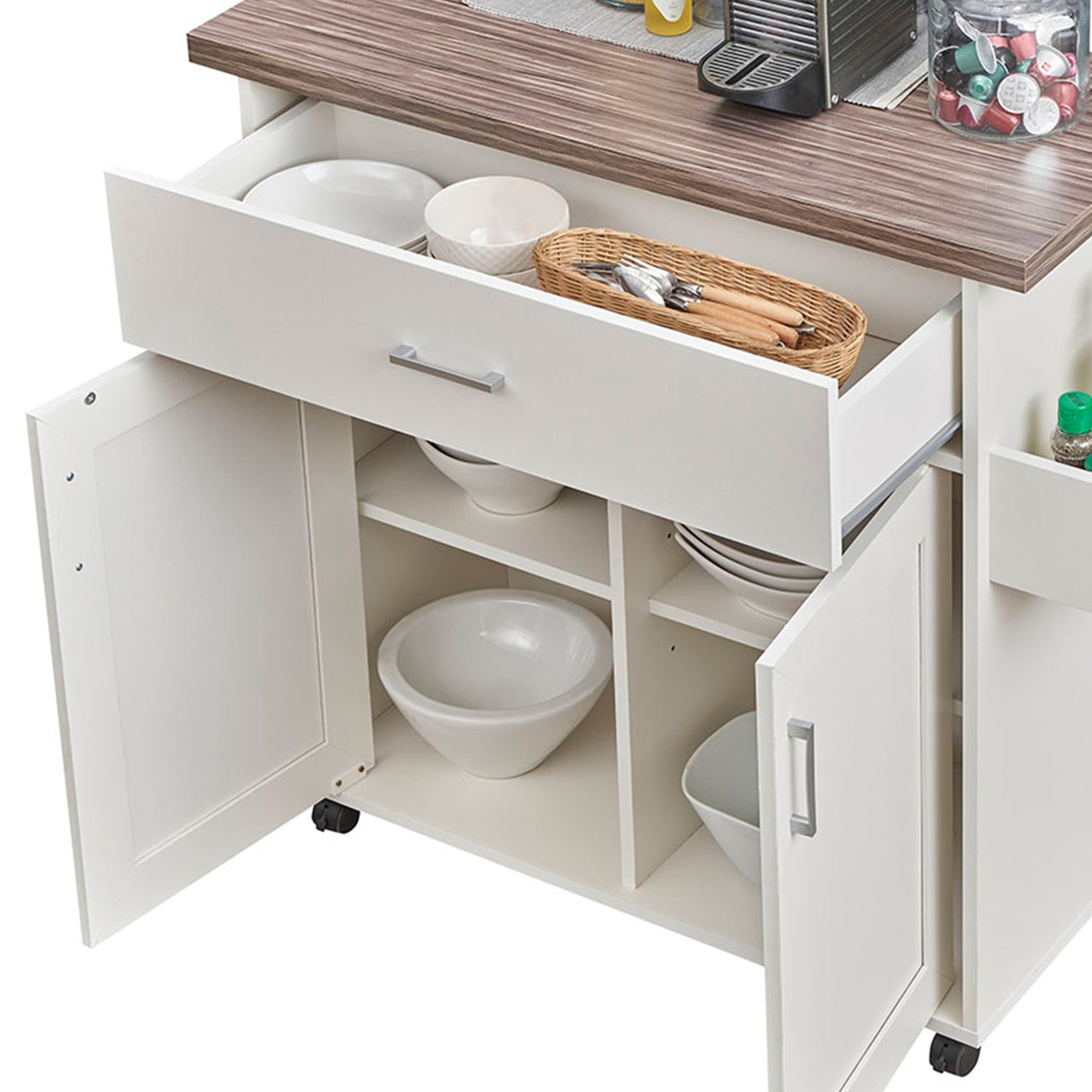 Deluxe Mobile Kitchen Island Cart with Water-Resistant Top, Storage Cabinets with Adjustable Shelves, and Towel &amp; Spice Rack