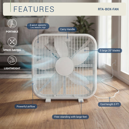 20 Inch Box Fan, 3-Speed Portable Cooling Fan With Carry Handle, Quiet High Velocity Air Circulator, 80W Powerful Airflow, Slim &amp; Lightweight, Floor Fan for Bedroom, Home, Office, Dorm, Garage