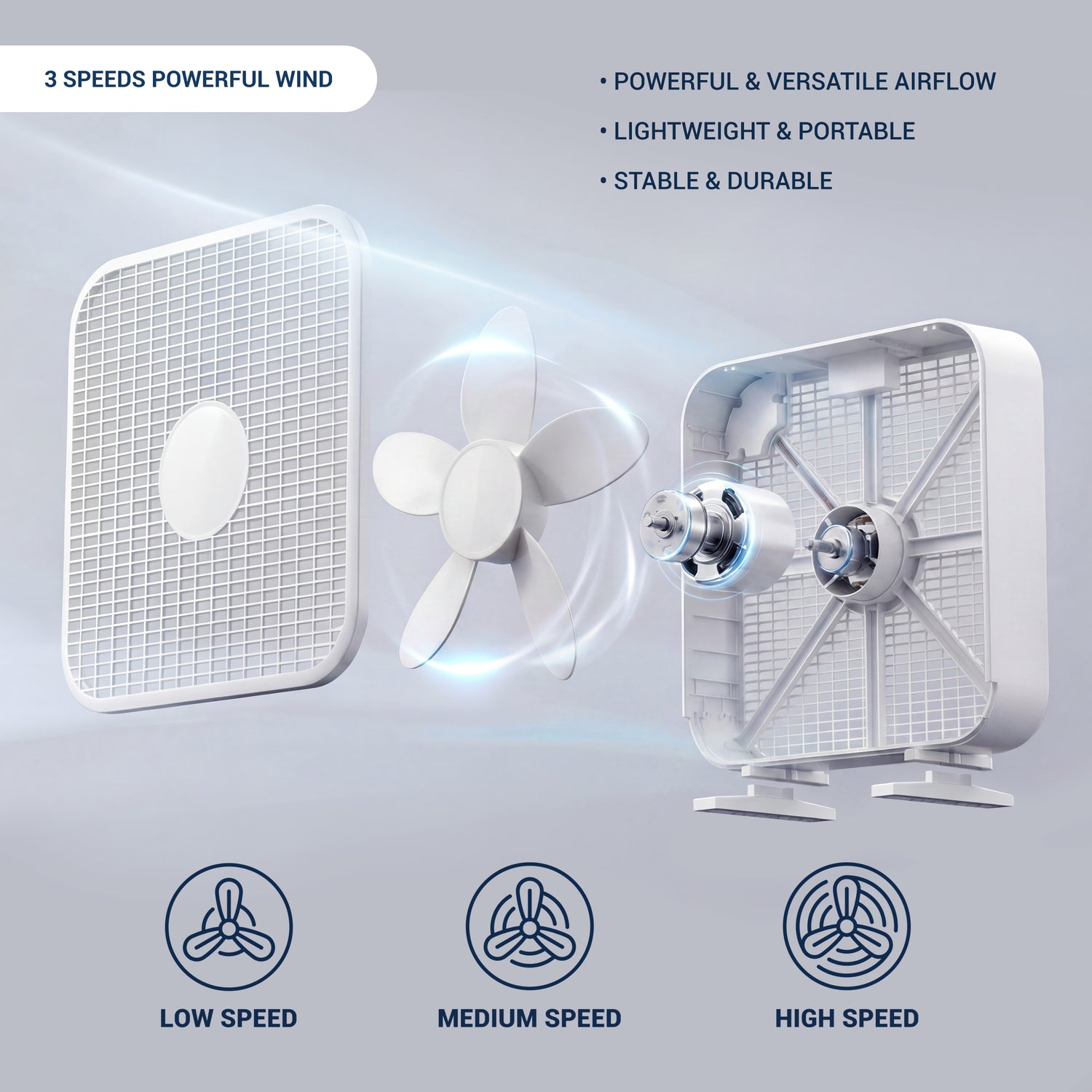 20 Inch Box Fan, 3-Speed Portable Cooling Fan With Carry Handle, Quiet High Velocity Air Circulator, 80W Powerful Airflow, Slim &amp; Lightweight, Floor Fan for Bedroom, Home, Office, Dorm, Garage