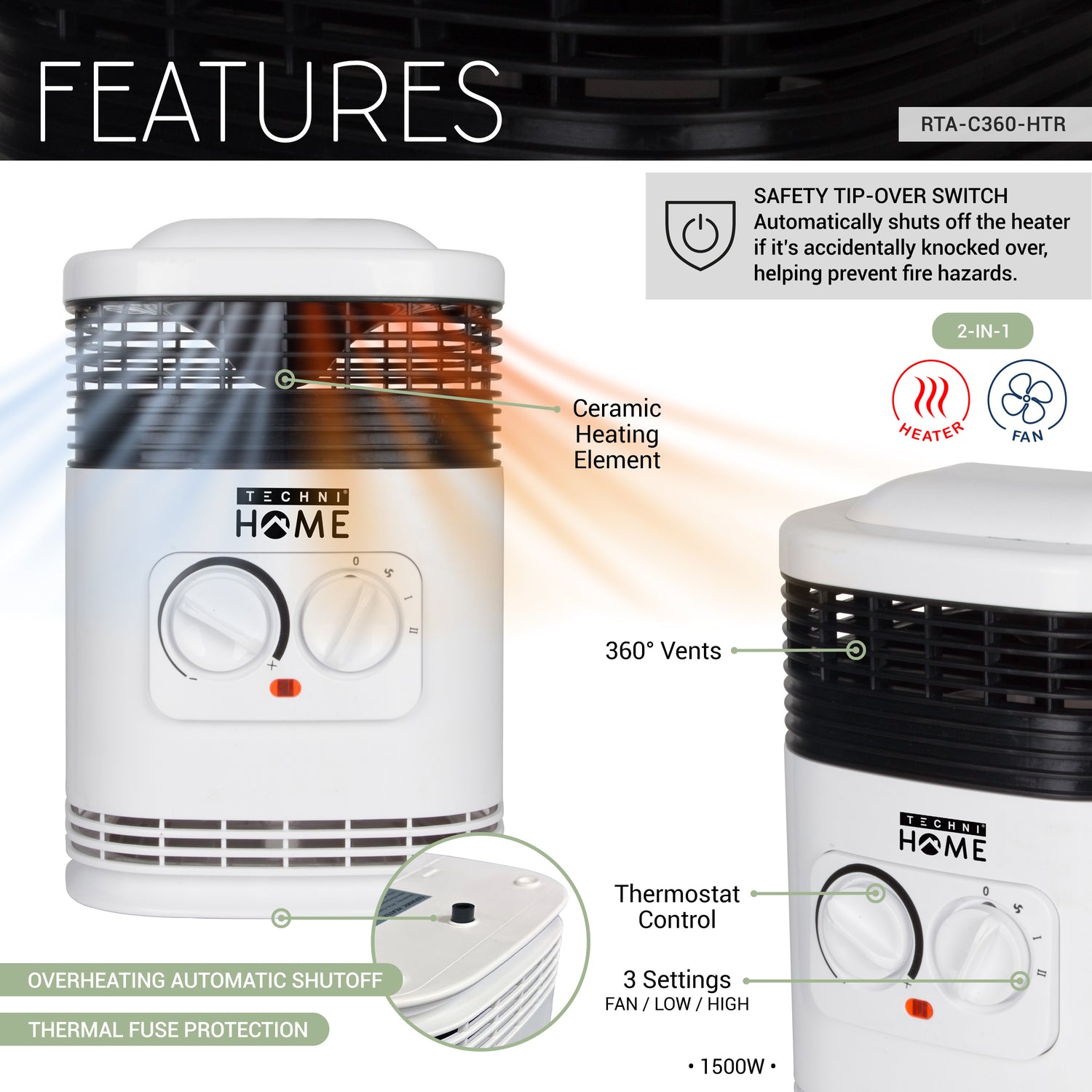 360 degree Ceramic Heater with Safety Tip-Over Shutoff and Overheat Protection