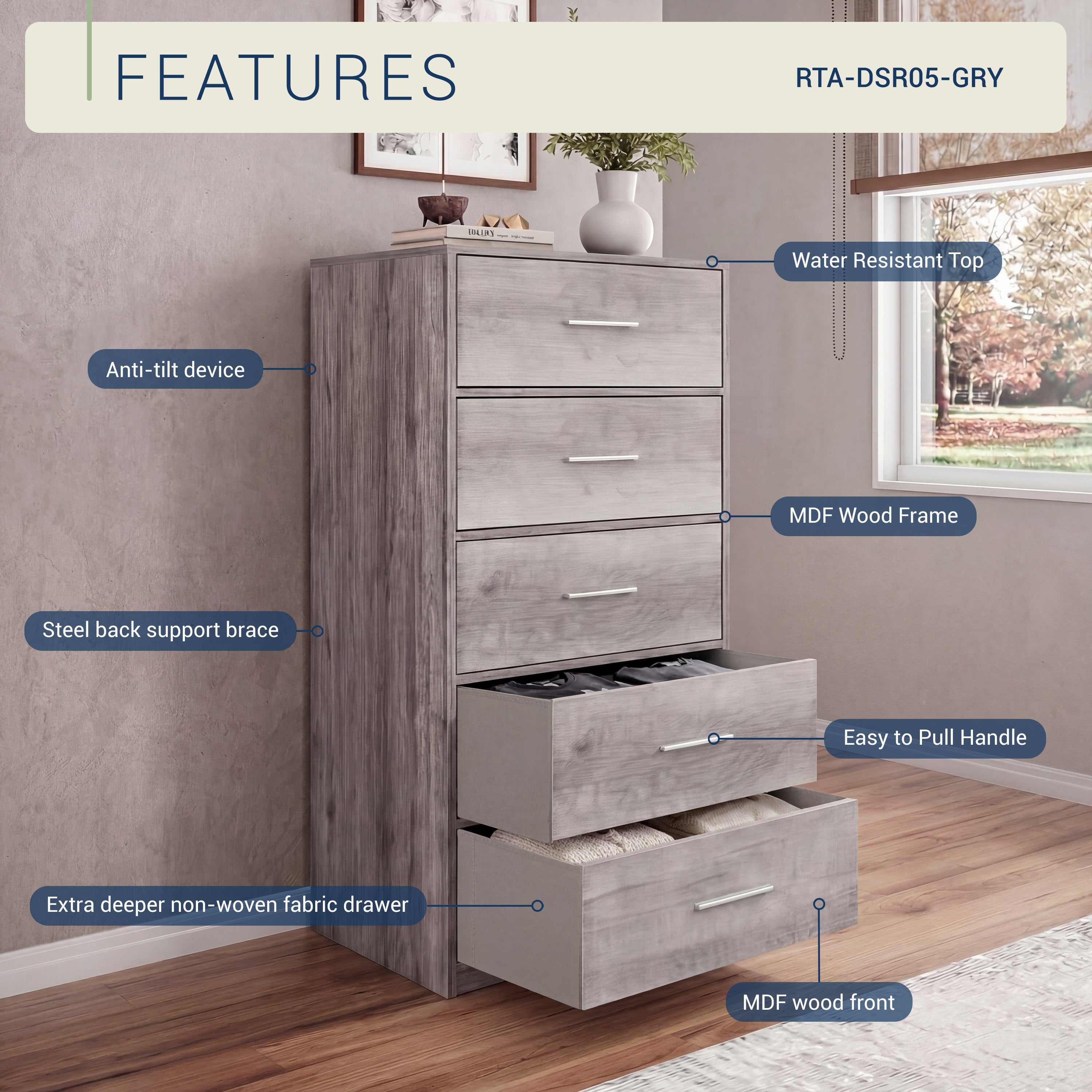 5-Drawer Dresser, Wood Frame Dresser with Large Fabric Drawers