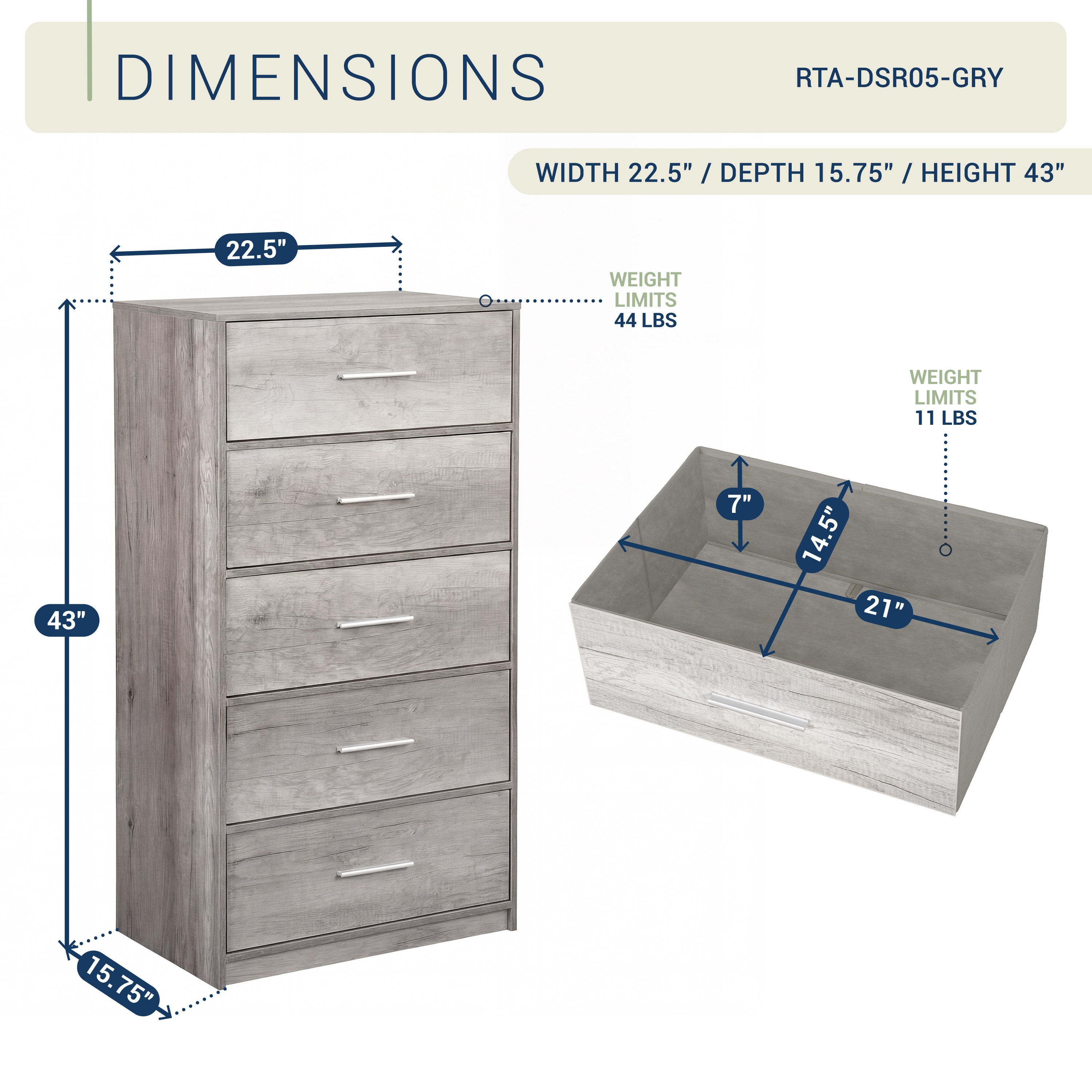 5-Drawer Dresser, Wood Frame Dresser with Large Fabric Drawers