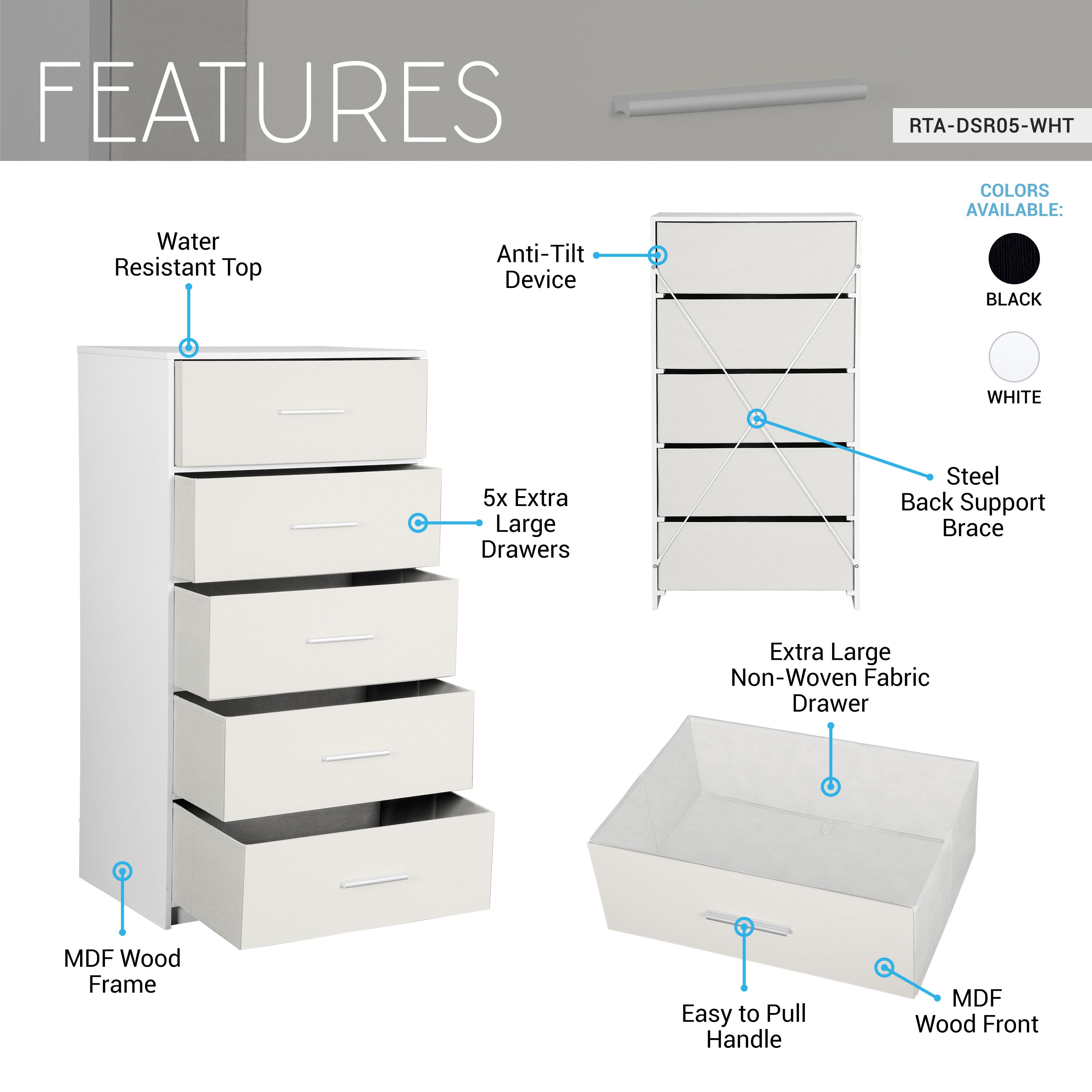 5-Drawer Dresser, Wood Frame Dresser with Large Fabric Drawers