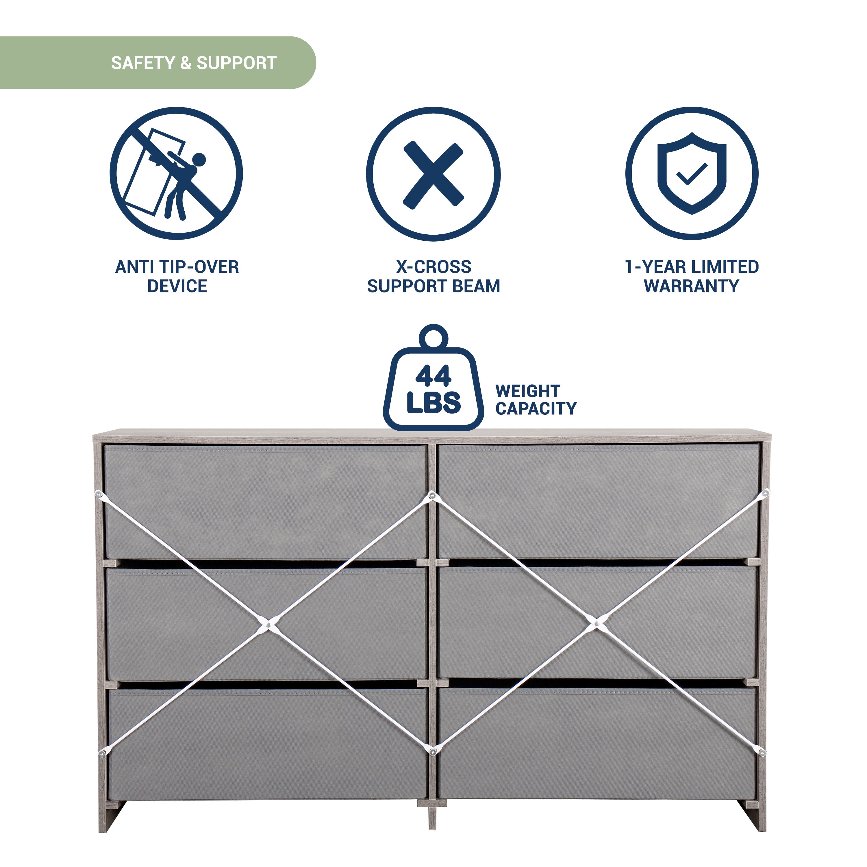 6-Drawer Dresser, Wood Frame Dresser with Large Fabric Drawers