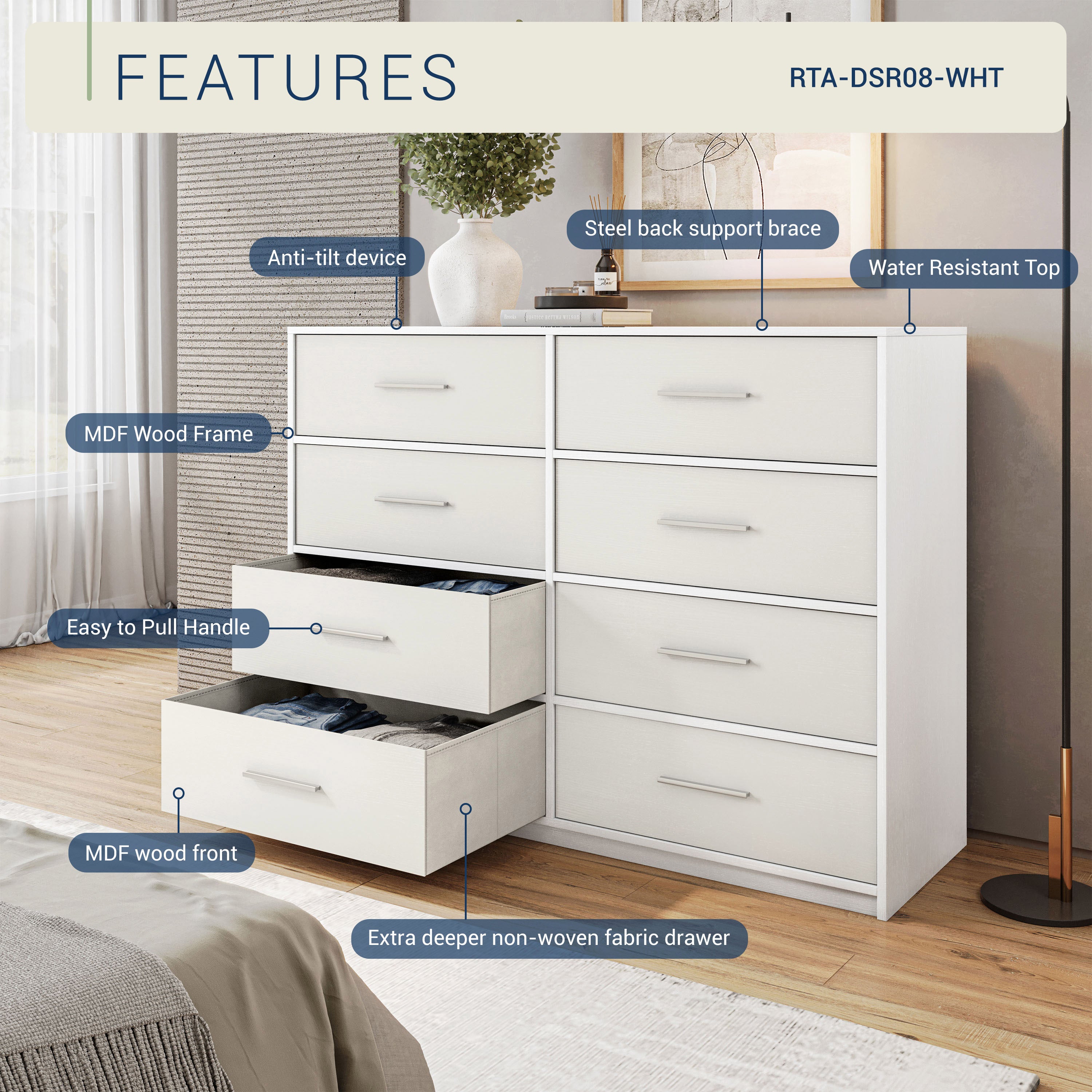 8-Drawer Dresser, Wood Frame Dresser with Large Fabric Drawers