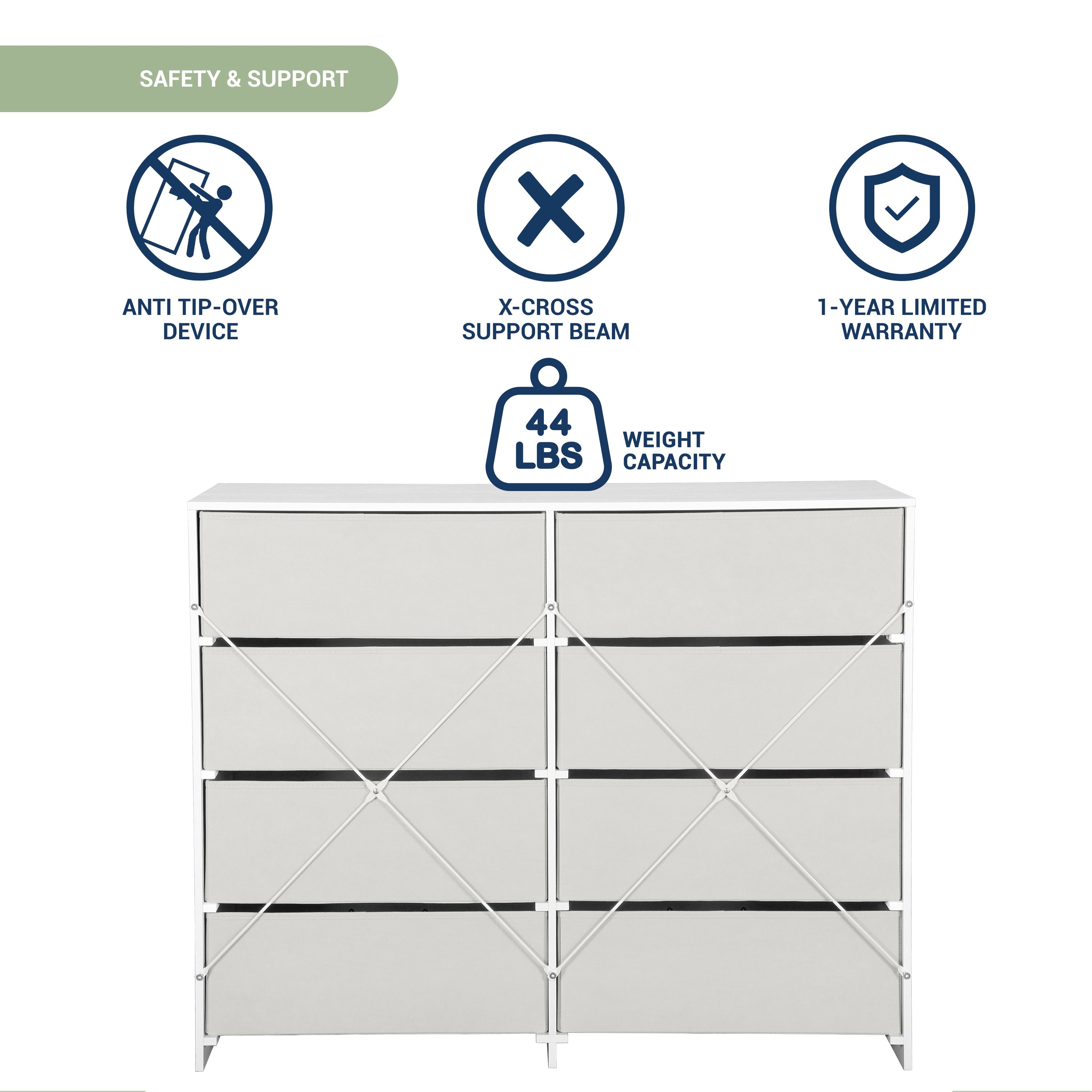 8-Drawer Dresser, Wood Frame Dresser with Large Fabric Drawers
