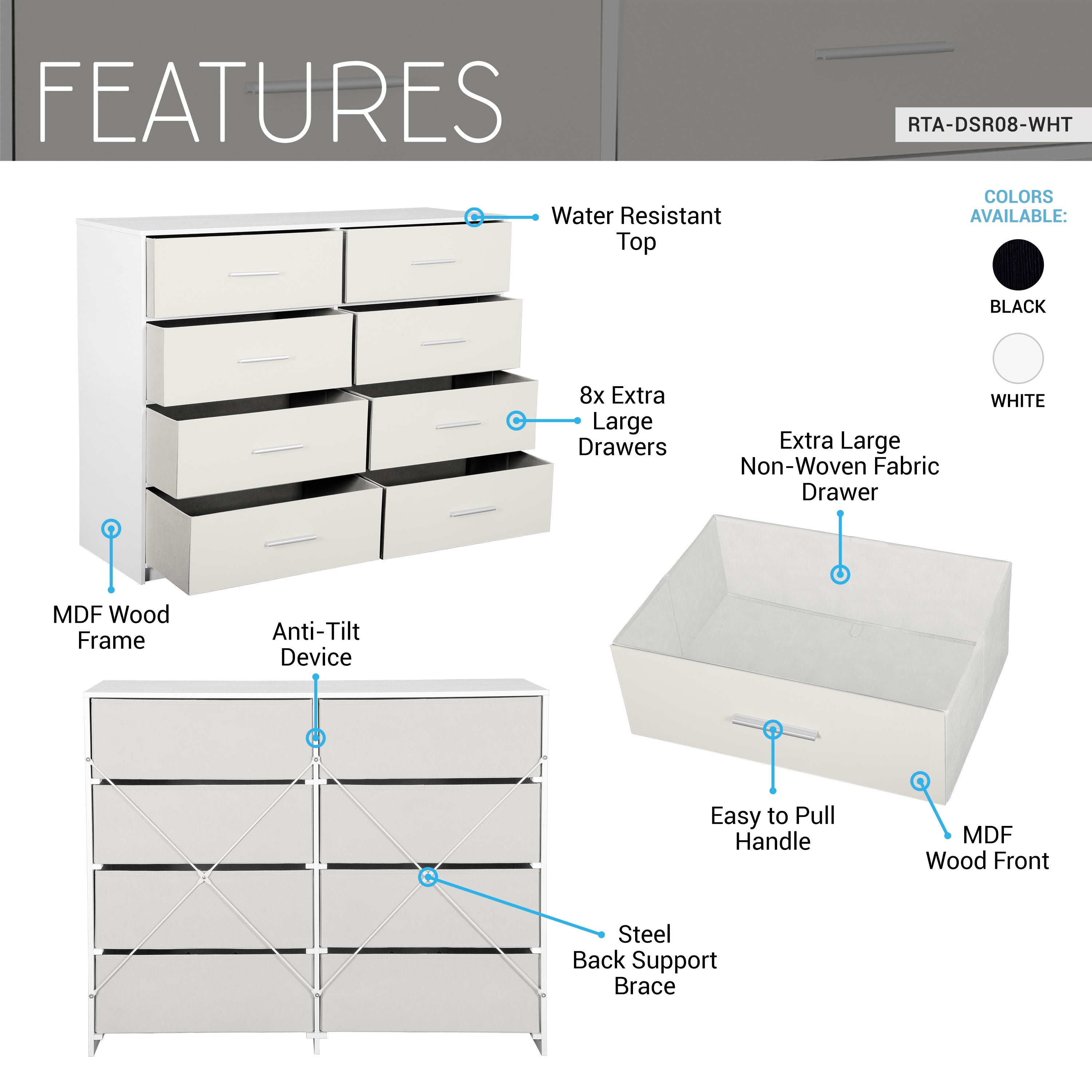 8-Drawer Dresser, Wood Frame Dresser with Large Fabric Drawers