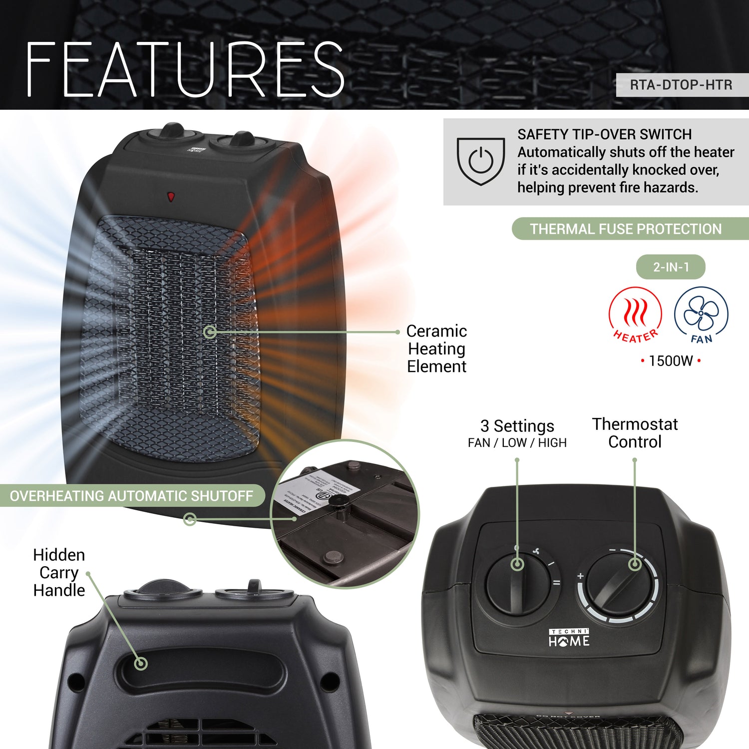 Dual Comfort 2-in-1 Portable Space Heater &amp; Fan, Energy-Efficient Electric Unit with Tip Over Shut Off Switch