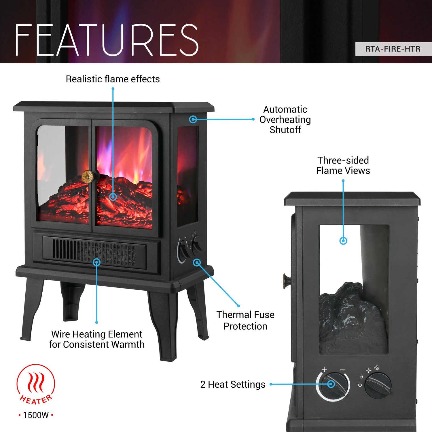Freestanding Fireplace Heater with Flame Effects