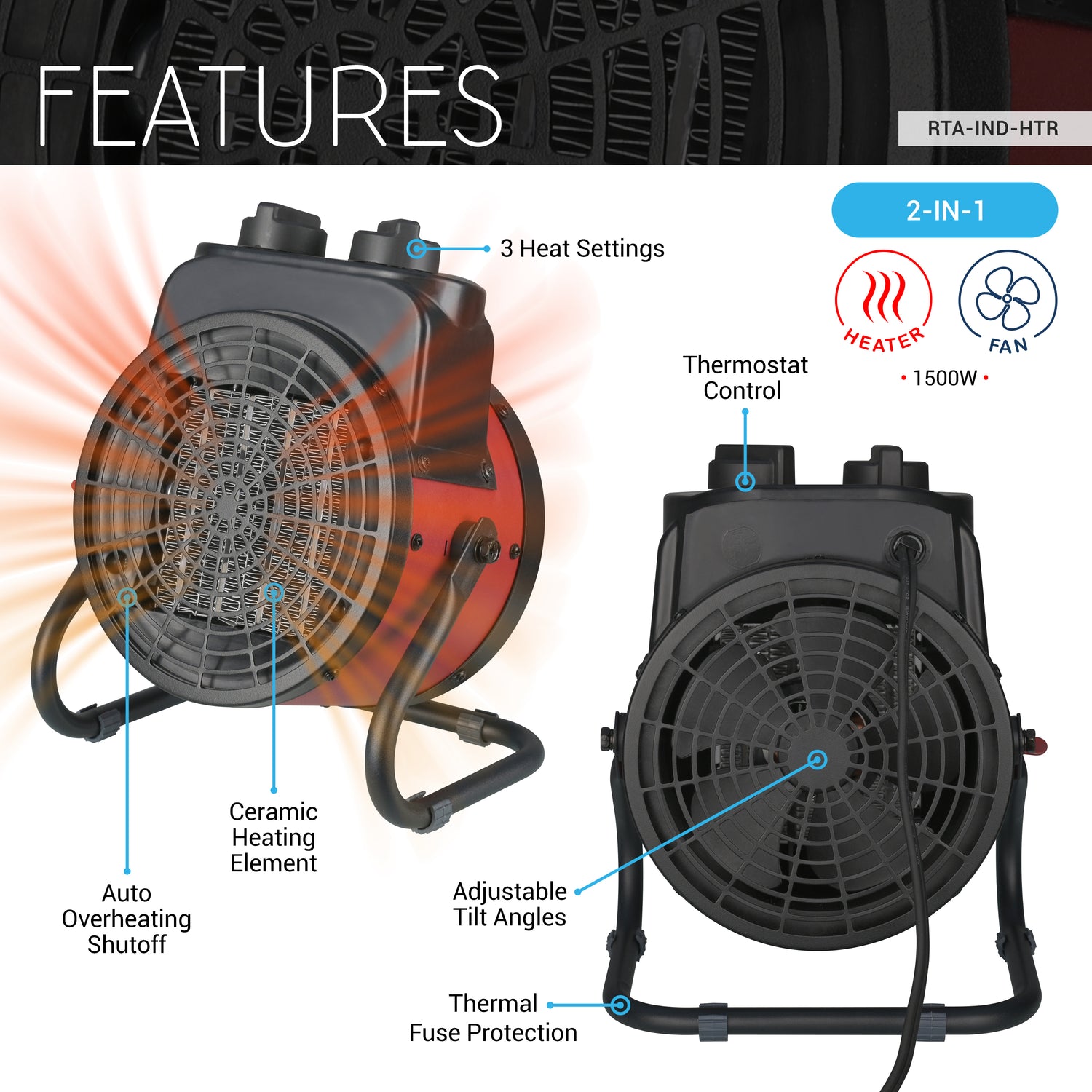 Industrial Electric Forced Air Heater with Ceramic Heating Element and Adjustable Tilt