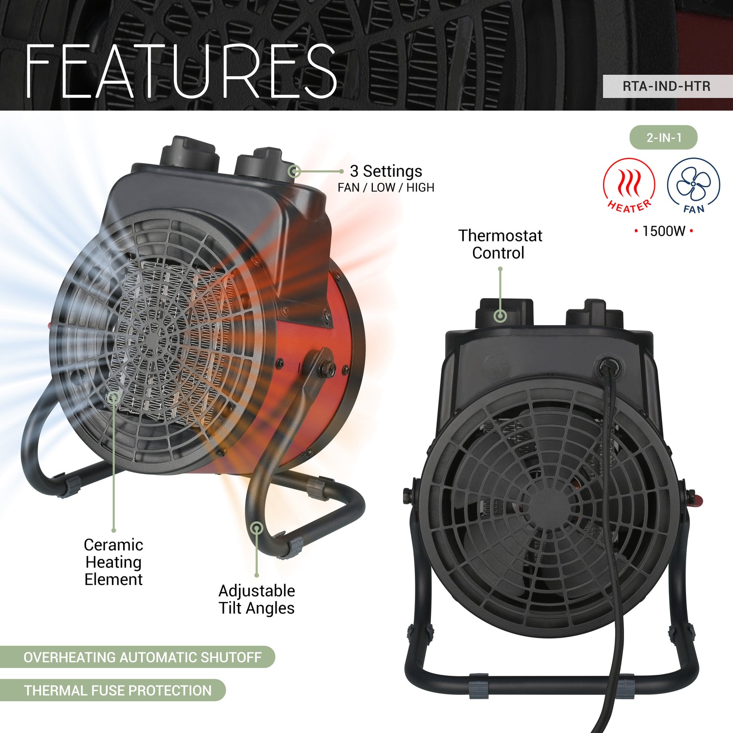 Electric Forced Air Heater with Ceramic Heating Element and Adjustable Tilt