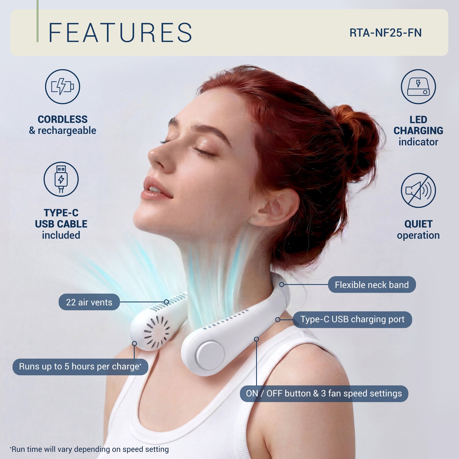 Rechargeable Neck Fan, Portable Bladeless Personal Fan, Hands-Free Wearable Cooling Fan with 3 Speeds, USB Rechargeable Lightweight Neck Fan for Travel, Outdoor Work, Camping, Office, Women &amp; Men