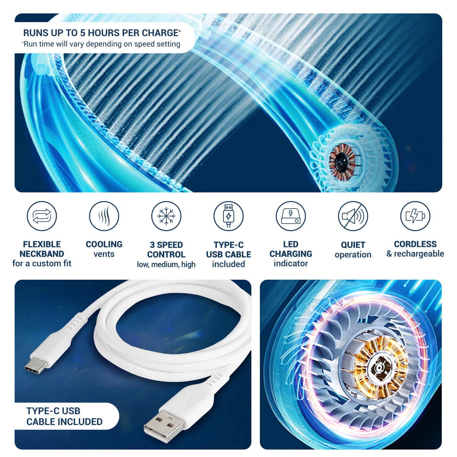 Rechargeable Neck Fan, Portable Bladeless Personal Fan, Hands-Free Wearable Cooling Fan with 3 Speeds, USB Rechargeable Lightweight Neck Fan for Travel, Outdoor Work, Camping, Office, Women &amp; Men