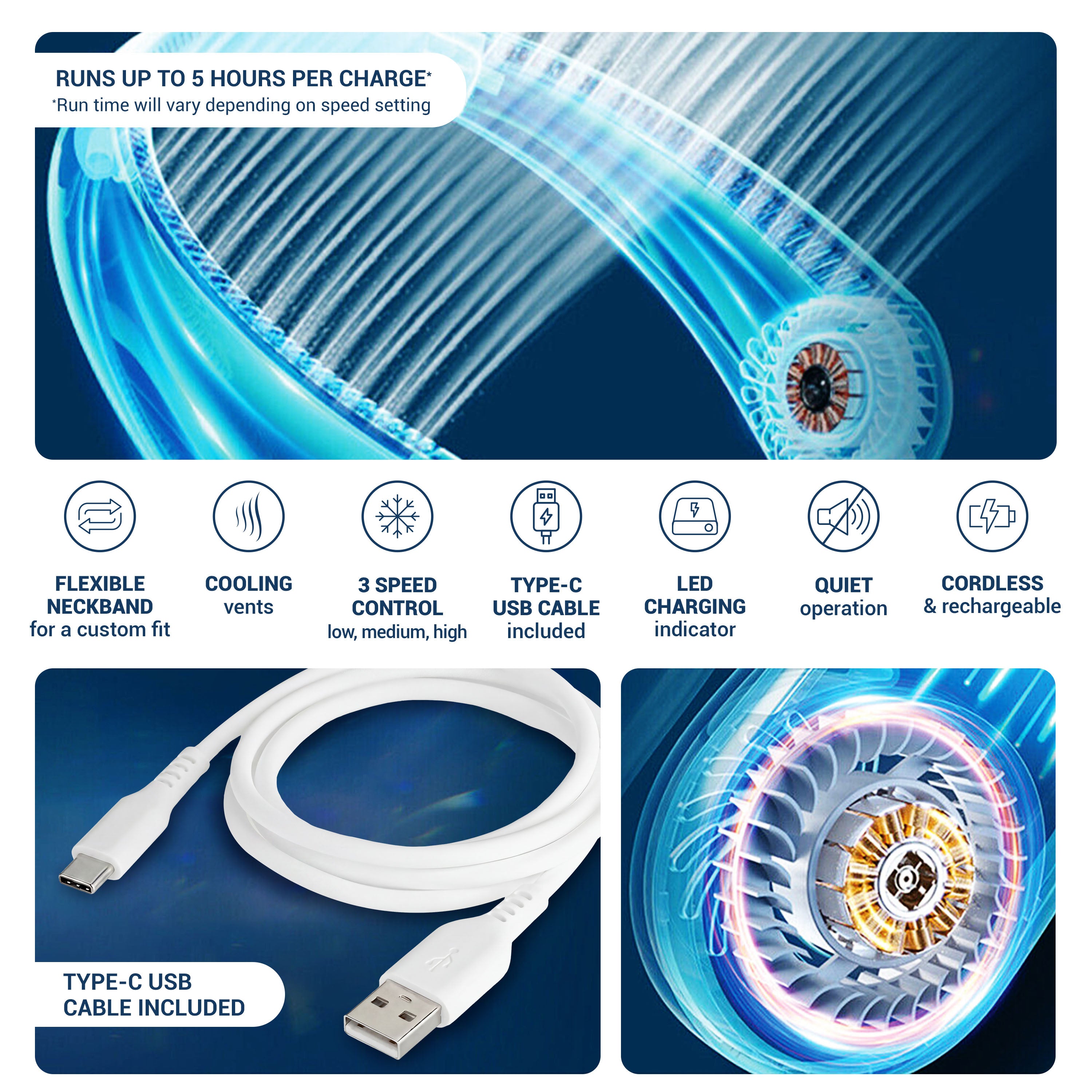 Rechargeable Neck Fan, Portable Bladeless Personal Fan, Hands-Free Wearable Cooling Fan with 3 Speeds, USB Rechargeable Lightweight Neck Fan for Travel, Outdoor Work, Camping, Office, Women &amp; Men