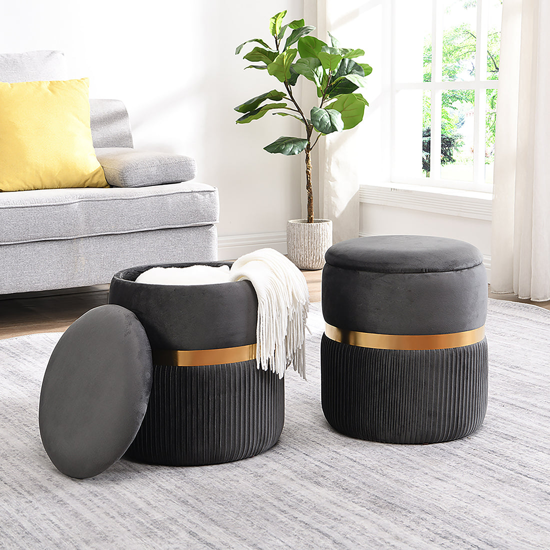 Modern Velvet Round Ottoman with Storage