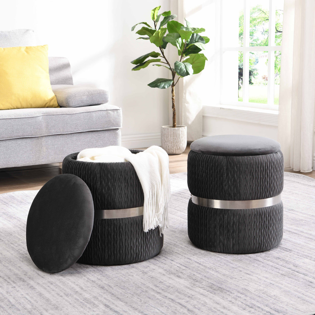 Modern Grey Velvet Round Ottoman with Storage