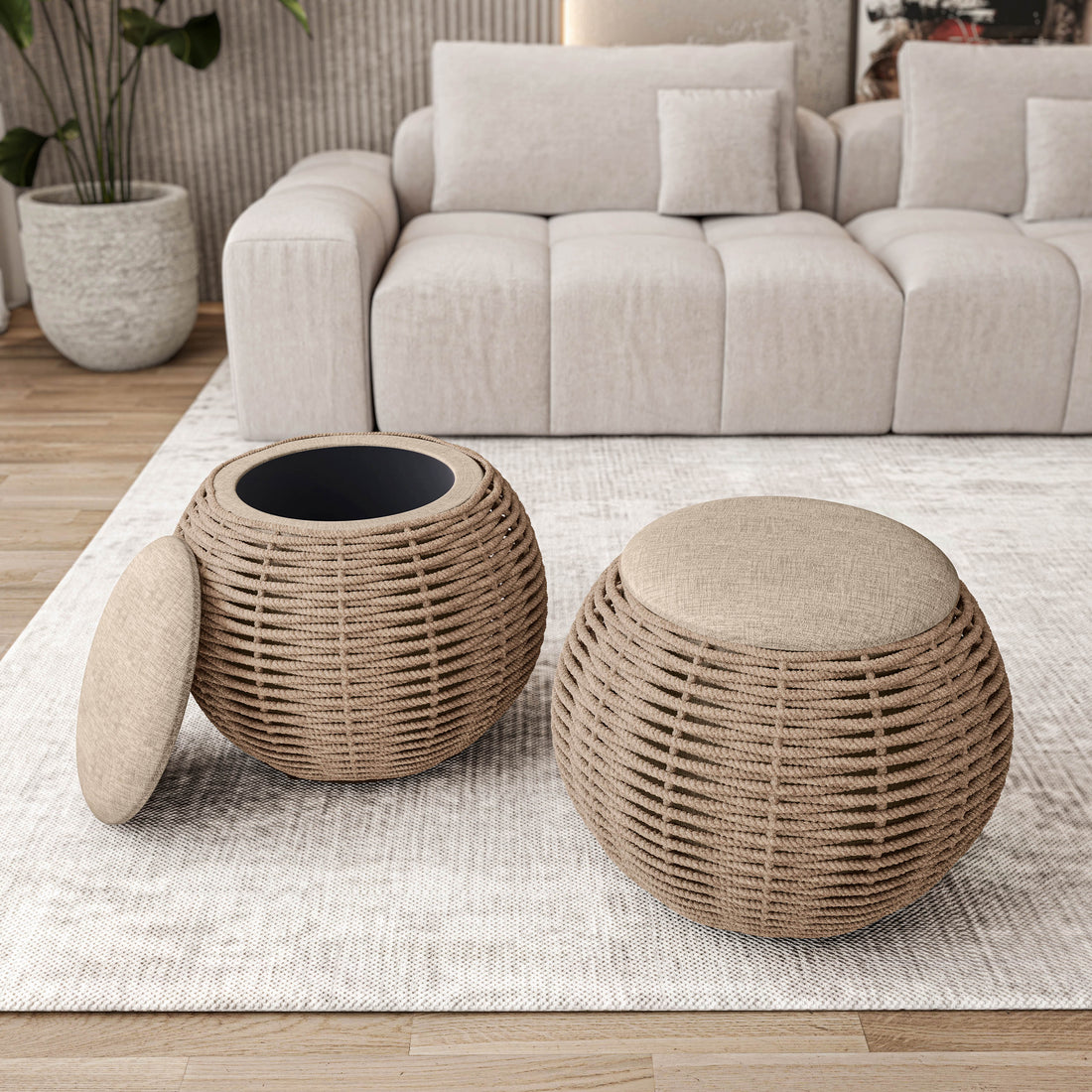 Natural Woven Ottoman with Storage Ottoman