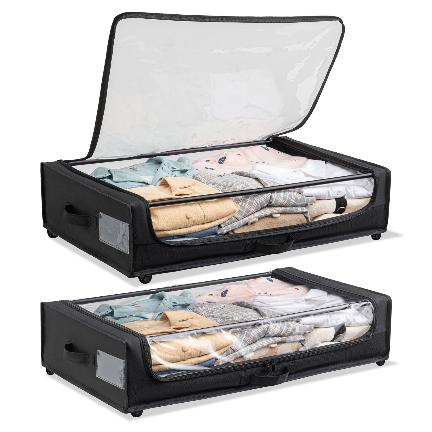 Rolling Under-Bed Storage Organizer with Clear Top, Space-Saving Design, and Multi-Directional Wheels – Perfect for Clothes, Shoes, and Household Items, Set of 2